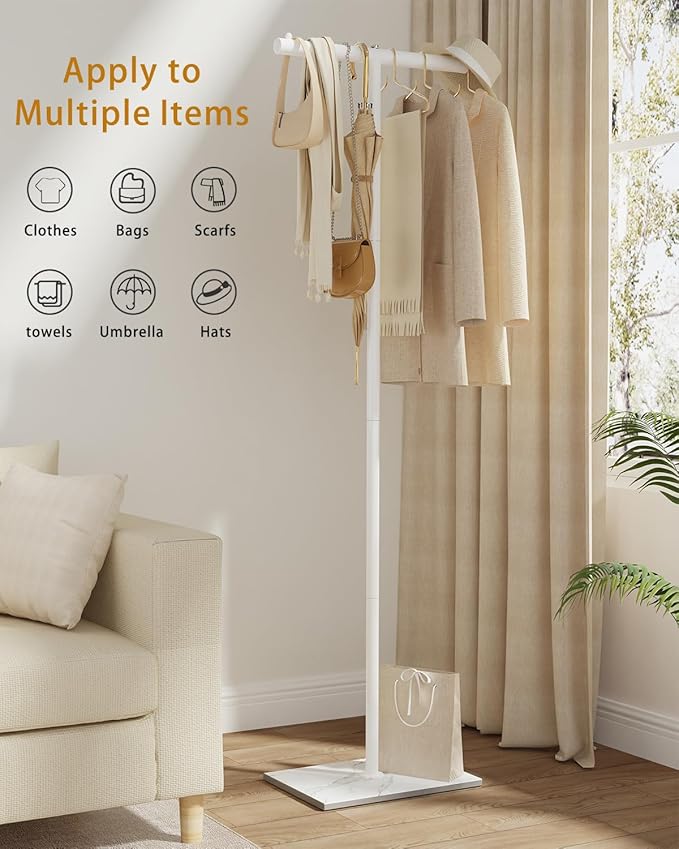 OUTBROS Metal Coat Rack, Coat Tree with Rock Base, T Shaped Freestanding Clothe Rack, Coat Hanger Stand Suitable for Bedroom, Hallway, Entrance, 68.9 Inches High, White