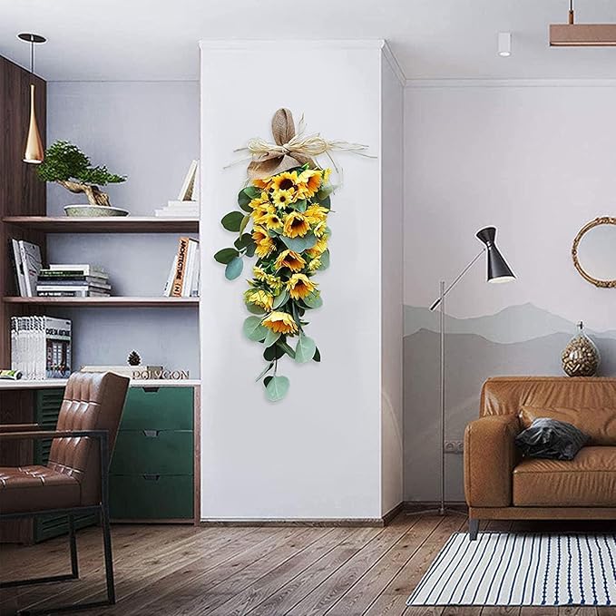 Spring Sunflower Swag, Sunflower Teardrop Swag with Eucalyptus Leaves Front Door Sunflower Swags Wreath for Wedding Arch Front Door Wall Decor