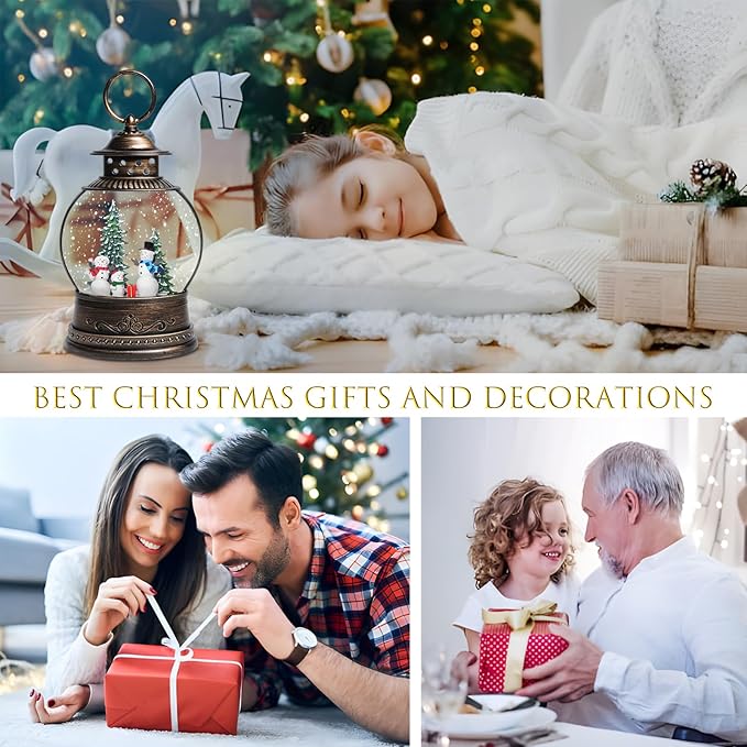 Snow Globes, Snowman Family,Glitter Water Christmas Lantern with 8 Songs, 6H Timer Battery & USB Powered Music Box,Gifts for Men and Kids, Indoor Christmas Decorations