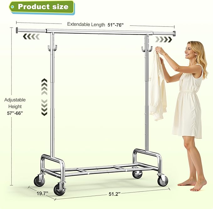 Raybee 76''W Clothes Rack, Heavy Duty Clothing Rack Load 450 LBS, Lockable Wheels & Adjustable Height, Garment Rack for Bedroom, Laundry Room, Closet