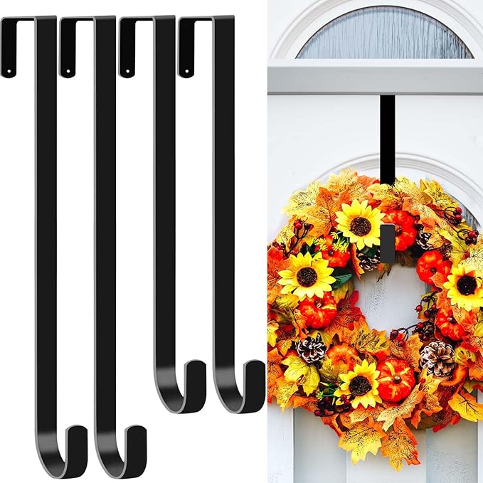 4 Pack Wreath Hangers for Front Door, Over The Door Wreath Hanger Holiday Decorations Wreath Hook for Hanging Christmas Easter Fall Decoration, Welcome Sign Holder Two Each of 12" and 15" (Black)