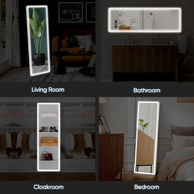 DUMOS LED Full Length Floor Mirror, 20"x63" Full Body Standing Mirror with Lights, 3 Color Lighting, Hanging or Leaning, Wall Mounted, Modern Simple Home Wall Decor, White