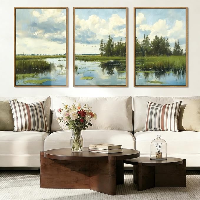 BINCUE Framed Green Nature Wall Art Lake Scenery Wall Decor Landscape Art Print Green Nature Landscape Artwork Green Plants Wall Pictures for Living Room Bedroom Office Farmhouse 16 x24 Inches Set of 3 Gift
