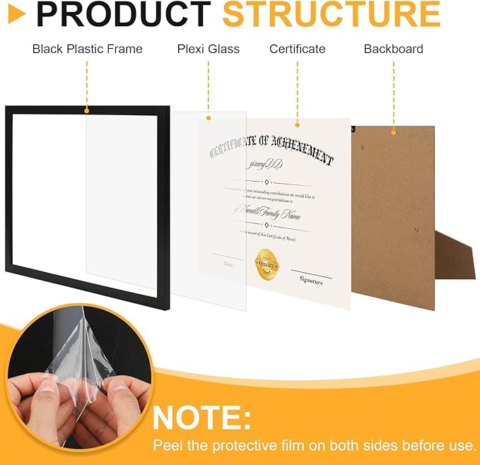 YixangDD 8 PACK Certificate Frames 8.5 x 11, Black Diploma Frame Document Frame with Clear Plexiglass, Picture Frames for Tabletop and Wall Display