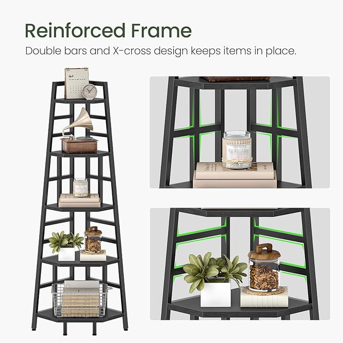 CHOEZON 70.1-Inch 5-Tier Tall Corner Shelf, Narrow Bookshelf for Small Spaces, Industrial Bookcase Display Stand for Living Room, Bedroom, Office, Black TCJ25BB