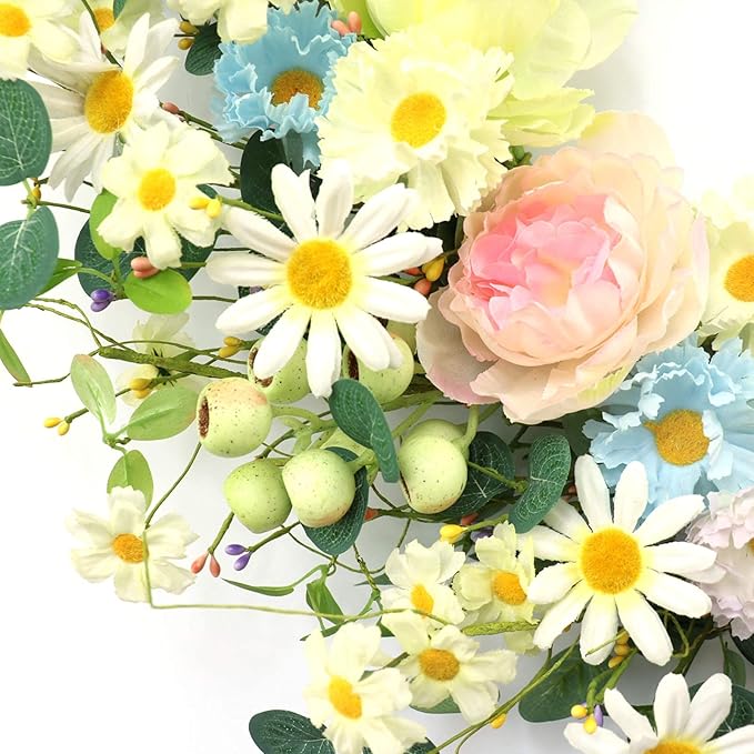 JINGHONG 24” Artificial Flower Wreath,Daisy and Rose Wreath Colorful Spring/Summer Floral Wreaths for Front Door Wall Window and Holiday Festival Party Banquet Wedding Decor