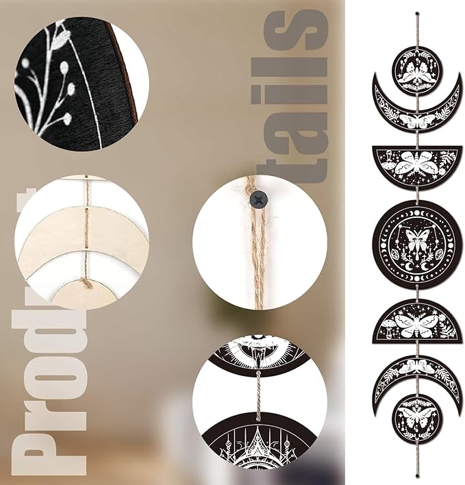 CREATCABIN 7Pcs Moth Tarot Moon Cycle Wall Hanging Half Round Wood Pendant Moon Hang Moon Phase Home Ornaments Wooden Moon Wall Decor Supplies for Bedroom Farmhouse Gallery Apartment Bar 37.1x6.3in