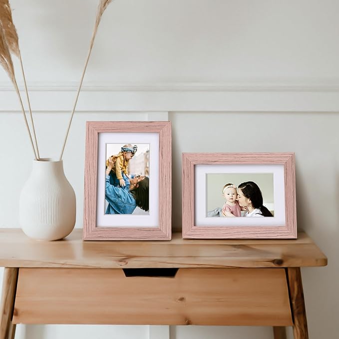 Egofine 4x6 Picture Frames Set of 4, Made of Solid Wood Covered by Plexiglass 3x4.5 and 3.5x5 with Mat or 4x6 without Mat, for Table Top Display and Wall Mounting Photo Frame, Peach Pink