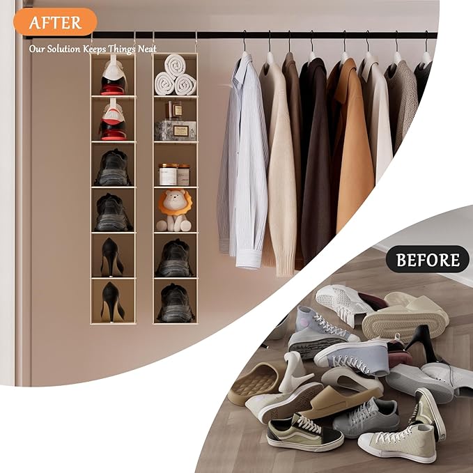 VERONLY Hanging Shoe Shelves - 6 Section,Closet Organizer Set of 2 with Woven Bamboo Shelves,Slim 5.5” Wide Design for Space-Saving Storage,White