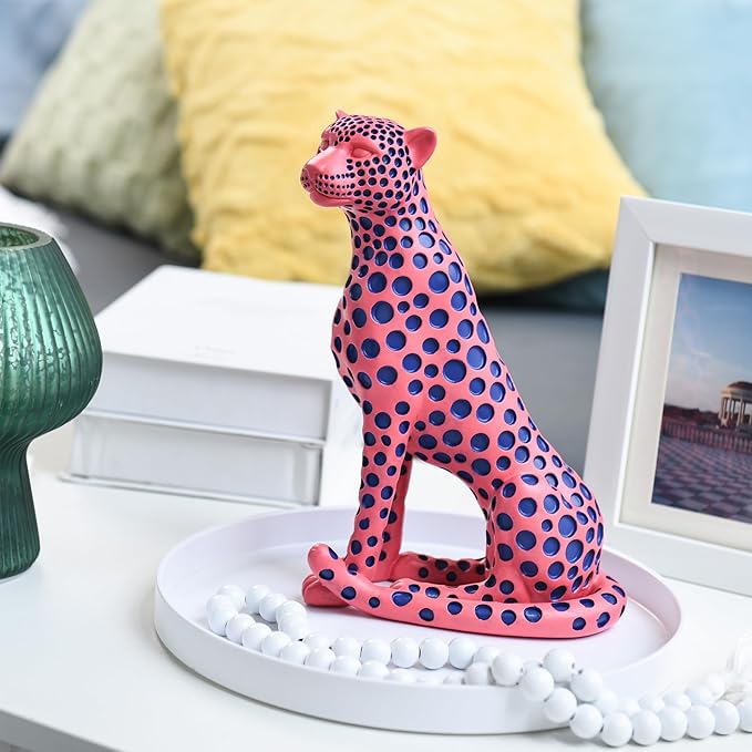 Quoowiit Statues for Home Decor, Modern Sculptures and Statues Decorations for Living Room, Bedroom, Table, Bookshelf, White Resin Leopard Art Decorative Sculpture with Black Polka Dots Design