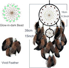Brown and Black Dream Catcher Wall Decor Feather Dream Catchers with Luminous Bead Handmade Dreamcatcher Wall Hanging Ornament for Bedroom Living Room Home Decor