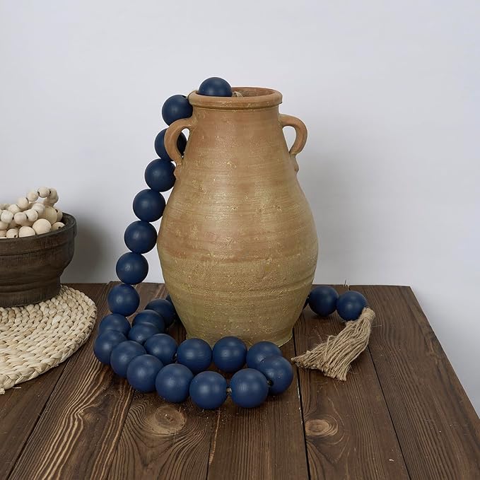 OMISHE 76" Long Extra Large Wood Bead Garland Navy Blue with 1.6" Diameter Wooden Beads and Tassels, Rustic Farmhouse Country Decorative Beads for Home Decor Tiered Tray Decor, Navy Blue