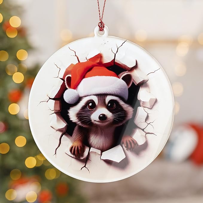 Racoon Christmas Ornaments 2025, Raccoon Funny Ornament with 2D Effect, Racoon Gifts for Women Men, Hanging Christmas Tree Decorations for Family Friends, Holiday Ornament for Raccoon Lovers