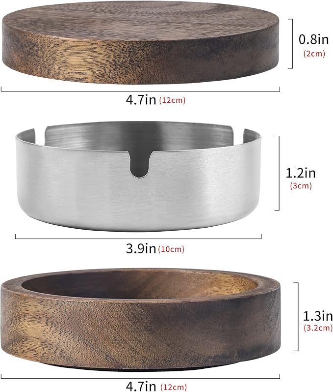 Wooden Ashtray with Lid for Smokers Stainless Steel Liner Ash Tray Windproof Durable Easy to Clean Cool Ashtrays for Indoor or Outdoor Use, Patio, Office & Home
