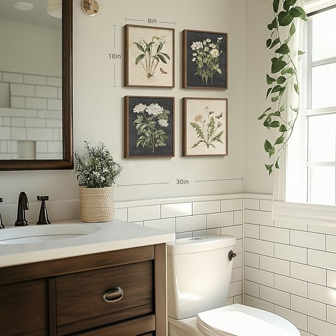 Framed Botanical Wall Art, 4 Piece Vintage Farmhouse Floral Canvas Painting Prints Artwork for Bathroom Walls, Rustic Flower Butterfly Pictures for Kitchen Bedroom Hallway Home Decor, 8x10 Inch