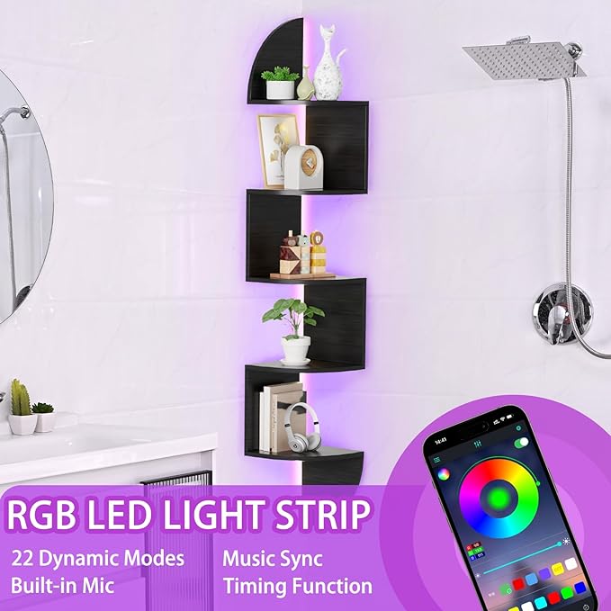 Waipfaru Corner Shelf, 5 Tier Bookshelf with LED Light, Corner Shelf Wall Mounted, Floating Shelves for Wall, Display Stand for Bedroom, Living Room, Bathroom, Home, Office, Black