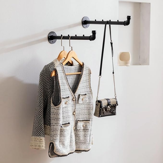 Industrial Wall Pipe Clothes Bar - Heavy Duty Metal Coat Hanger with Hook, Wall-Mounted Garment Holder Racks,Wall Clothing Racks/Hanging Rail, 4Pcs