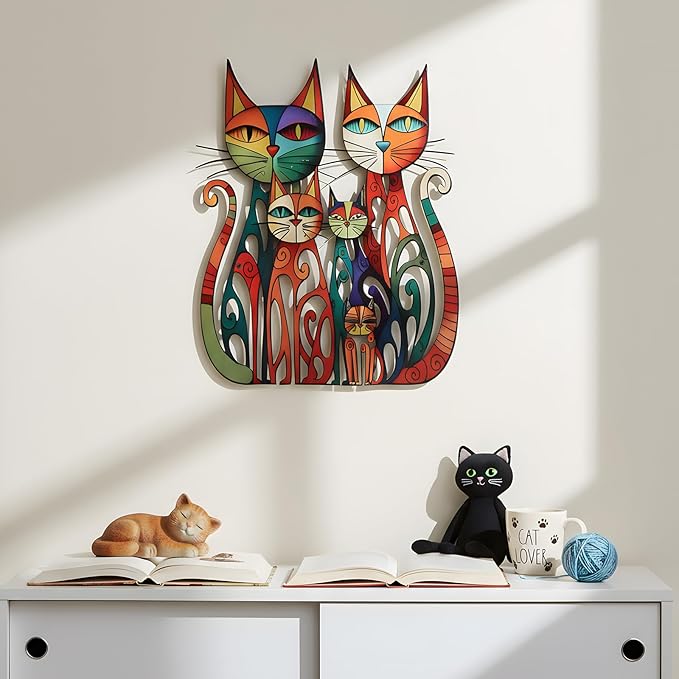 Wesiti Cat Wall Art Decor Iron Wall Sculptures Decor for Cats Lover 11 x 11.8 Inches Colorful Mid Century Cat Retro Signs for Home Living Room Bedroom Kitchen Office(Vintage-chic)