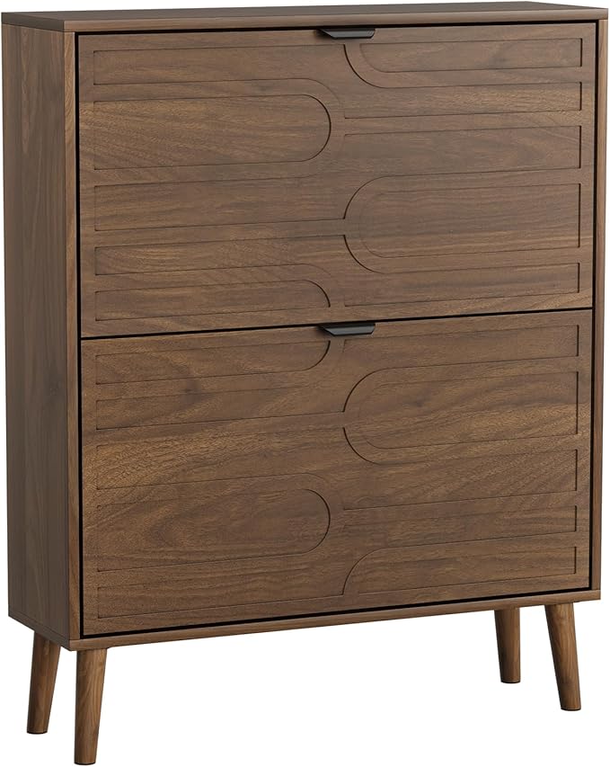 Shoe Cabinet with 2 Flip Drawers, Freestanding Shoe Storage Cabinet with Fluted Panel Design, Hidden Shoe Organizer Rack for Enterway, Hallway, Foyer, Walnut