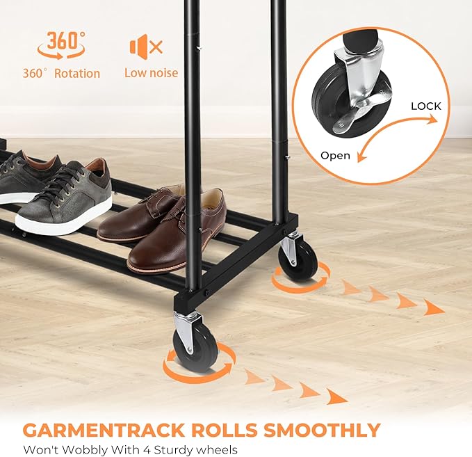 Fishat Stand Portable Black Double Rods Garment Rack with Rolling Clothes Organizer on Lockable Wheels Mobile, 48" W x 15" D x 67" H, Metal Simple Hanging Clothes with 2 Hook