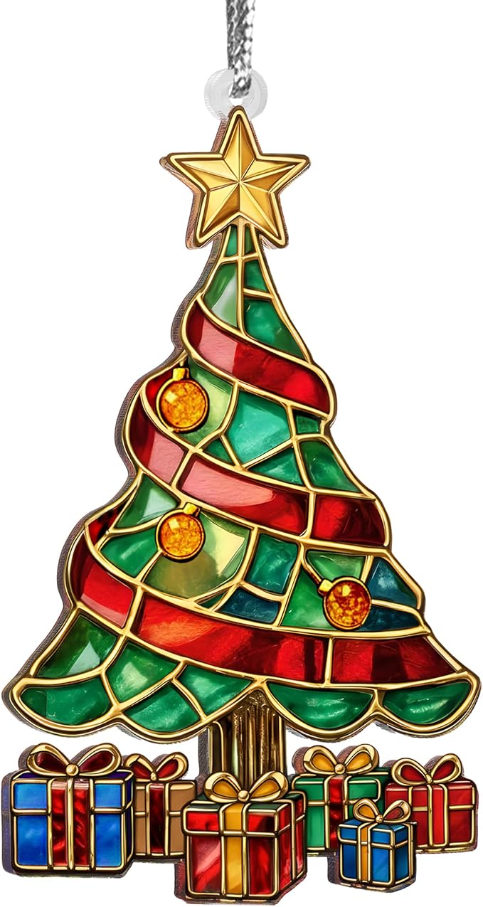 2025 Christmas Ornaments, Christmas Tree Ornaments Acrylic, Faux Stained Glass Effect White Elephant Gifts Exchange, Unique Suncatcher Xmas Stocking Stuffers for Women, Men (Gift Tree)