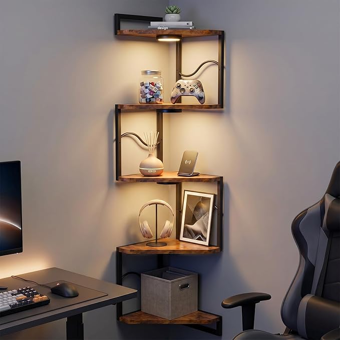 HAAYOT Corner Shelf Wall Mounted with Lights, 5-Tier Floating Metal Shelves for Living Room, Bedroom, Rustic Brown