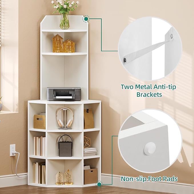 YITAHOME Corner Shelf with USB Ports & Outlets, Modern Corner Storage Cabinet Rack Charging Station, Wooden Display Bookshelf Bookcase for Living Room, Bedroom, Dining Room, Kitchen, White