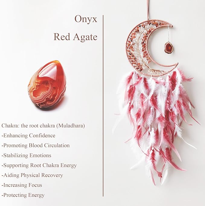 Moon Dream Catchers with Chakra Gemstone Agate Stone, Crystal Tree Life Dream Catchers Wall Hangings Room Decor (Red)
