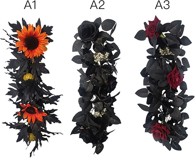 Artificial Rose Flower Swag,Artificial Sunflower Swag, 24 Inch Decorative Swag with Pumpkins Berries and Black Leaves for Halloween Home Front Door Lintel Wedding Arch Party Tabletop Wall Decor(#2)