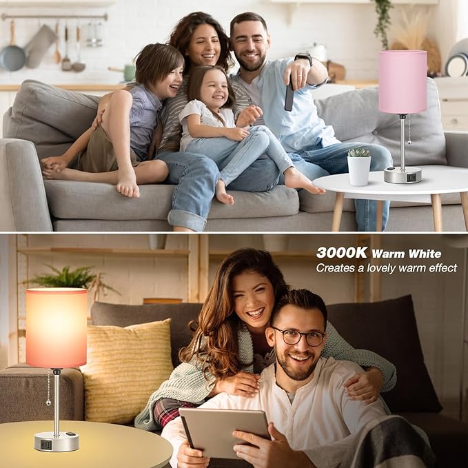 Dicoool Pink Bedroom Lamp for Bedside - 3 Color Temperatures Desk Lamp with USB C and A Ports, Pull Chain Table Lamp with AC Outlet, Nightstand Lamp with Silver Metal Base for Kids Girls