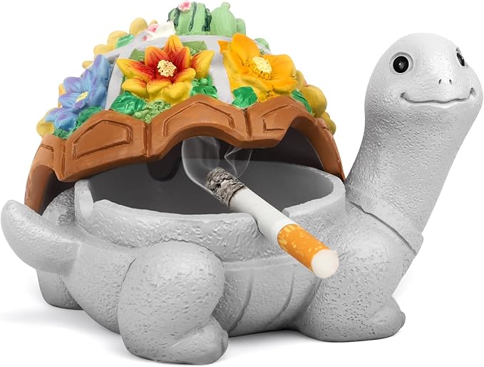 LESES Ashtray, Cute Turtle Cigarette Ashtray with Lid, Smokeless Waterproof Ash Tray Outdoor Resin Ash tray for Patio Home Office Gifts Indoor