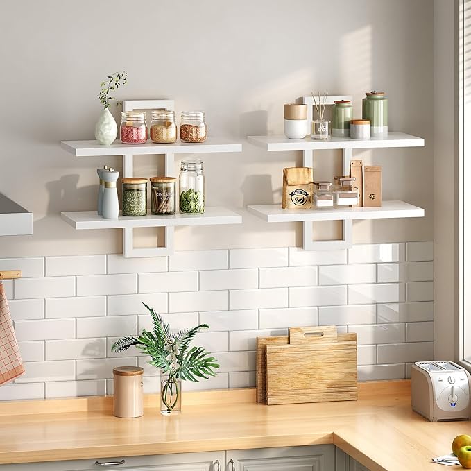 HOOBRO Floating Shelves, 15 Inch Wall Shelf Set of 2, Wall Mounted Storage Shelves 2-Tier, Hanging Bathroom Shelves, for Living Room, Bedroom, Bathroom, Kitchen, White WW32BJ01