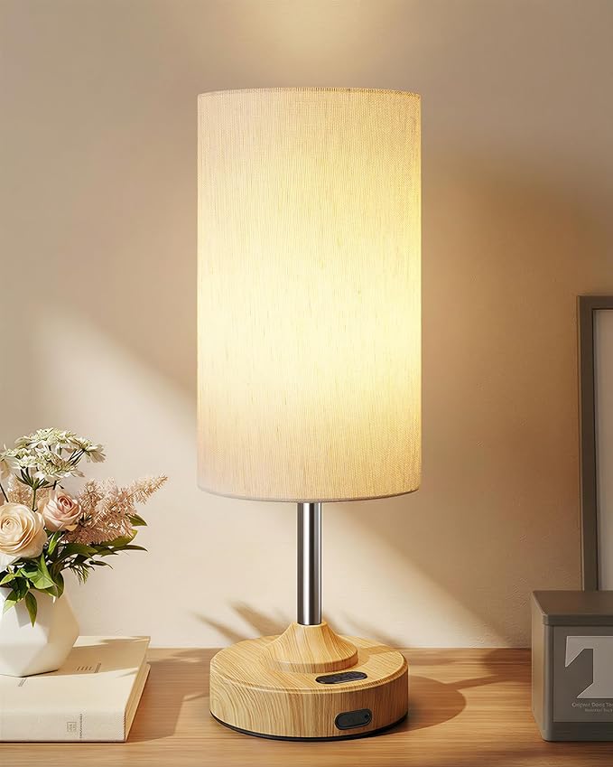 EZVALO Cordless Table Lamp, Ambient Light, Dimmable, Touch, Timer, 2700K, Bedroom, Portable, LED, Wireless, Rechargeable, Battery Operated, Desk Lamp, Fabric Shade, Wood-Grain Finish, Living Room