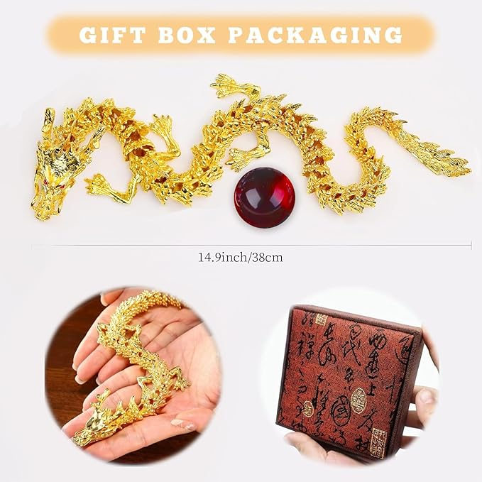 LIYAOLI Golden 3D Articulated Dragon 2024 Chinese Statue - 15 Inch Brass Gold Luck Dragon for Home Office Desk Decoration With Red Gemstone Bead