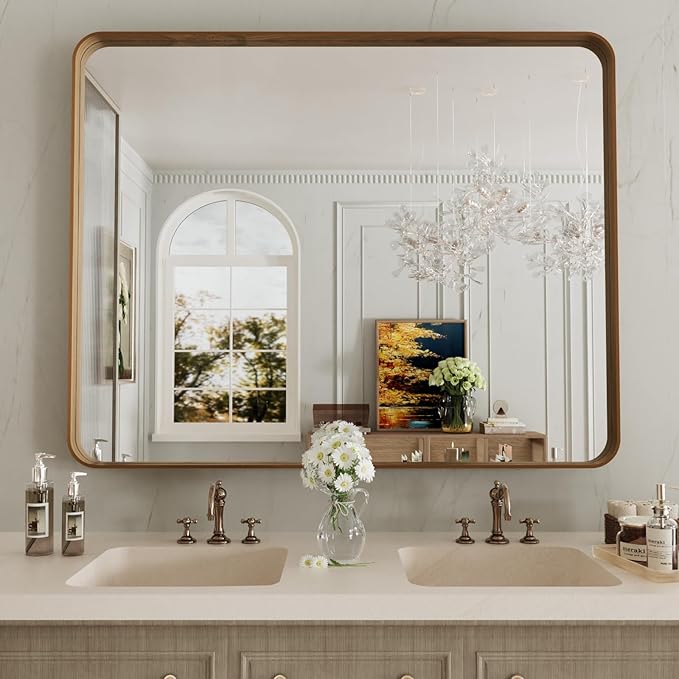 LOAAO 40X24 Inch Bathroom Mirror with Wood Grain Colored Metal Frame, Rounded Rectangle Metal Framed Bathroom Mirror, Anti-Rust, Hangs Horizontally or Vertically