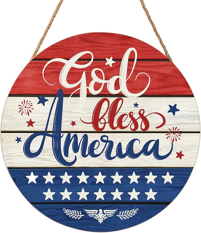 July Fourth Memorial Day Decorations Sign for Front Door Independence Day Patriotic Wreath Welcome Hanging Plaque God Bless America Round Wooden Hanger for Memorial Outdoor Decor 12”x 12”