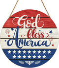 July Fourth Memorial Day Decorations Sign for Front Door Independence Day Patriotic Wreath Welcome Hanging Plaque God Bless America Round Wooden Hanger for Memorial Outdoor Decor 12”x 12”