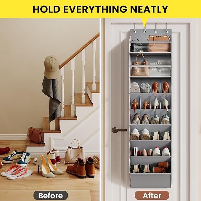 16-20 Pairs Over the Door Shoe Organizer, Clear Pockets Shoe Rack for Closet Door, Hanging Shoe Rack for Boots, Behind the Door Shoe Holder Fit All the Family's Sneakers, Boots, Heels, Grey