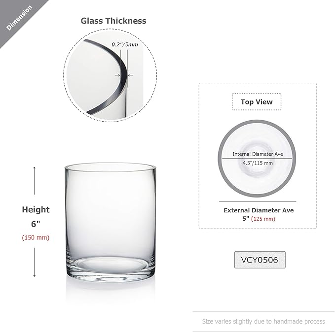 WGV Cylinder Vase, Diameter 5", Height 6", Clear Glass Floral Planter Container, Floating Candle Holder for Wedding Party Event Home Office Decor, 1 Piece