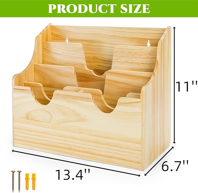 Wood Magazine Holder, 4 Tiers Wall Mounted Desktop Magazine File Divided Organizer, Mail Paper Sorter Newspaper Storage Bin Basket for Office, Home