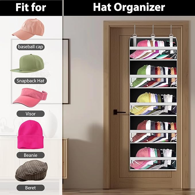 Over the Door Hat Organizer for Baseball Caps, Hold up to 60 Hats Rack Storage for Door/Closet/Wall, Clear Pockets Hanging Hat Holder for Baseball Caps with 10 Mesh Pockets, Black