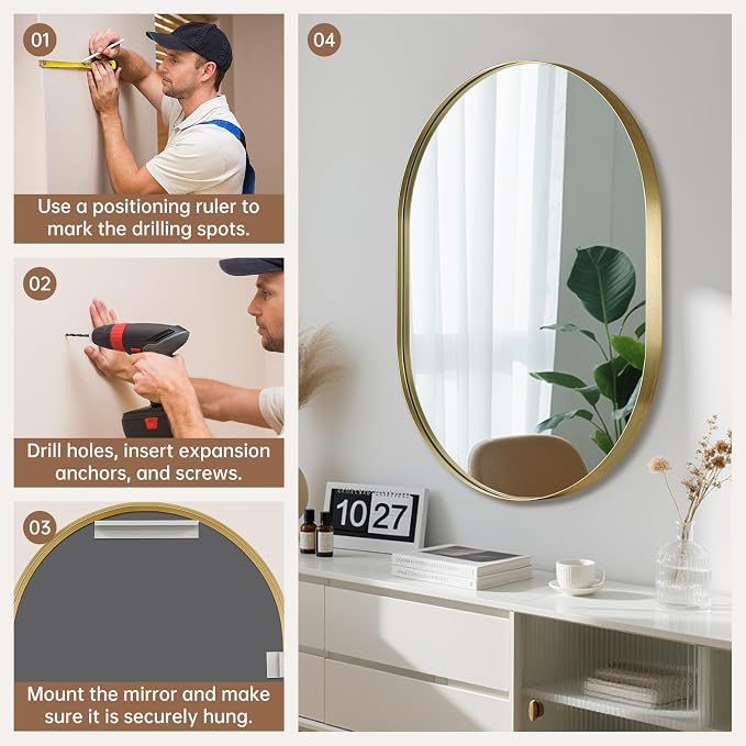Gold Oval Mirror, 24"x36" Oval Bathroom Mirror, Brushed Gold Mirror with Aluminium Alloy Frame, Anti-Rust, Tempered Glass