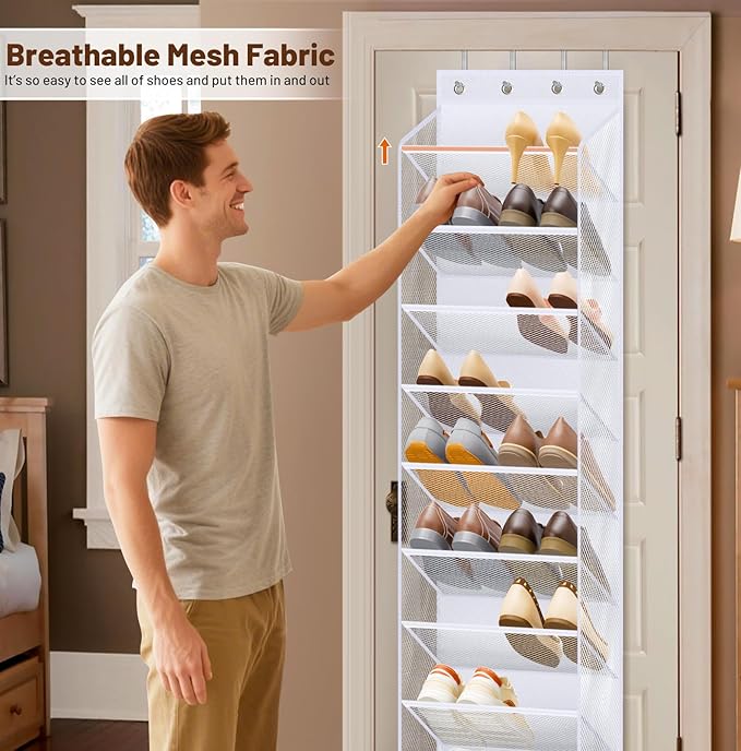 MISSLO 10 Tier Over the Door Shoe Organizer Breathable Mesh Hanging Shoe Rack for Closet Storage Shoe Holder for Door Fit 20 Pairs Sneakers, Sandals, Heels, Boots (White)