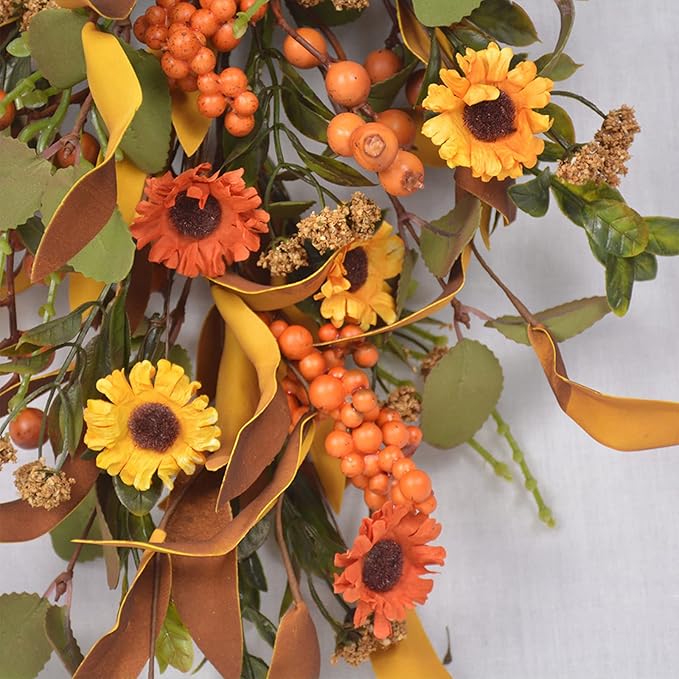 20 Inch Fall Harvest Swag, Artificial Fall Maple Swag Autumn Thanksgiving Day Halloween Decorative Teardrop, Halloween Wall Door Decor Sunflower Berry Fake Wreath (#1)