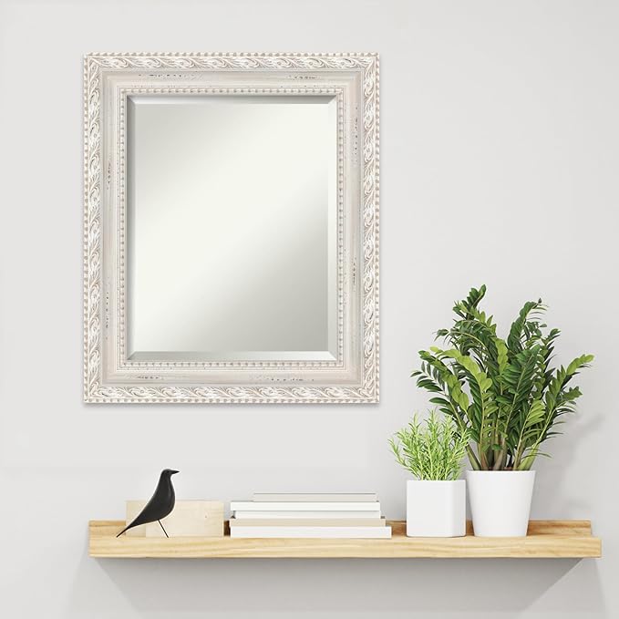 Amanti Art White Wall Mirror 26x22 Opera Off White Rectangle Bathroom Mirror for Wall Decor Living Room, Small Traditional Wood Frame, Hangs Horizonally and Vertically, Bathroom Decor, Beveled Edge