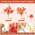 INQCMY Artificial Fall Flowers for Outdoor, 12 Bundles Faux Pansy Fake Mums Flowers Plants Outdoor Fall Decor, UV Resistant No Fade Silk Flower for Porch Planter Patio Yard Garden(Orange Autumn Red)