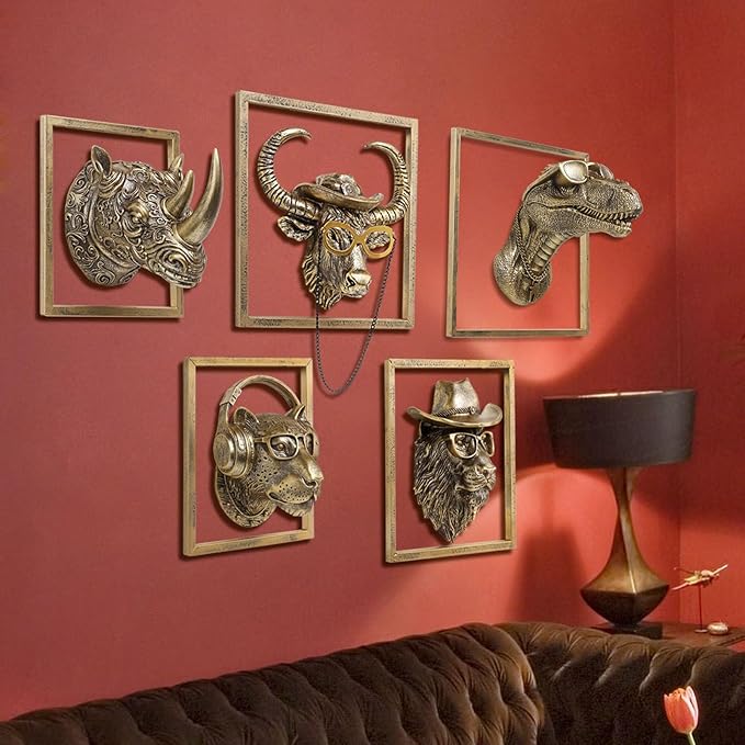 JJALIGHTS Exquisite Resin Animal Head Wall Dragon Sculpture (Gift Metal Frame) - Imitation Copper Vintage Decor for Living Room, Bedroom & Office | Decorative Wall Hanging Art (Dinosaur)