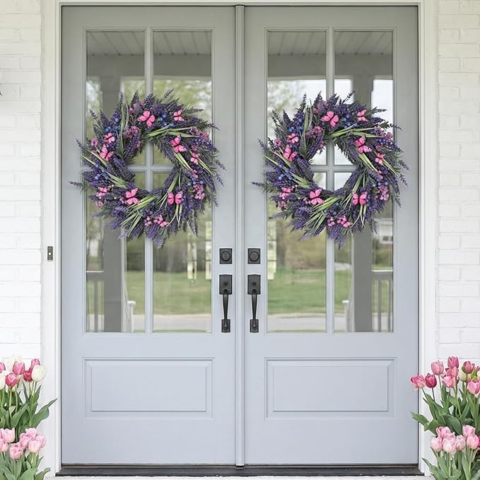 Lavender Wreaths for Front Door 24 Inch Spring Summer Wreath with Lavender,Berries, Butterflies,for Year-Round Use Indoors and Outdoors as Wall, Door, Window, Party and Wedding Decorations