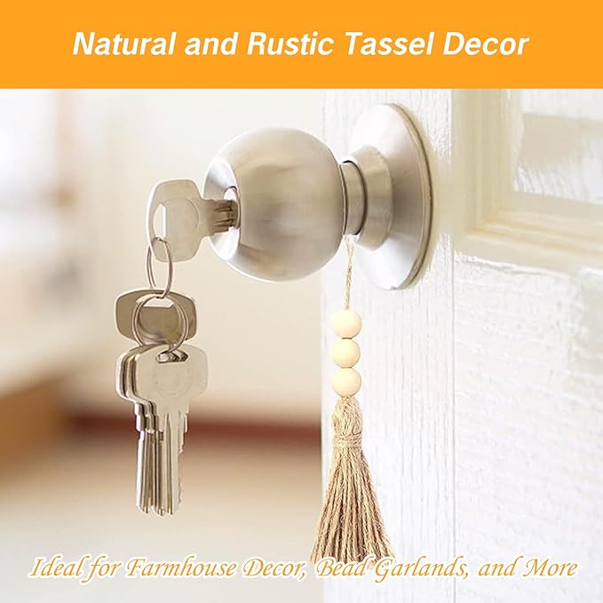 10 Pack Tassel Ornaments with Wood Beads Jute Tassels for Christmas Tree Boho Giant Hemp Rope Decor DIY Craft Garland Project for Wedding Home Party Decorations (Natural Color)