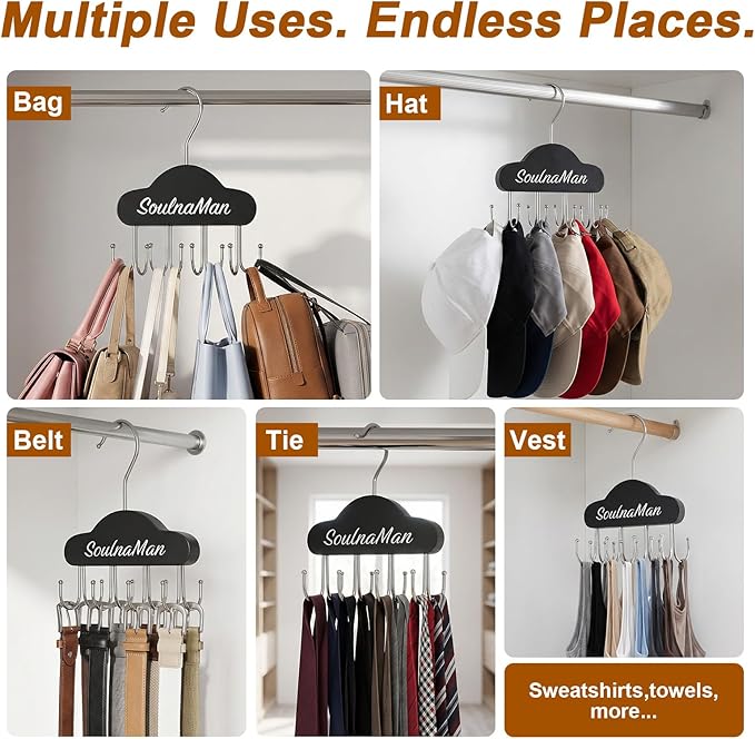 Belt Organizer,2 PCS Belt Hanger for Closet,Tie Organizer for Men,Rotatable Sturdy Shirt Hangers with 8 Hooks,Tie Rack for Belt, Bra, Tank Top, Tie, Hat, Purse,Black
